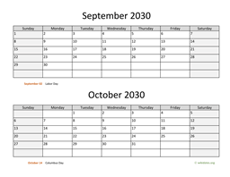 september and october 2030 calendar