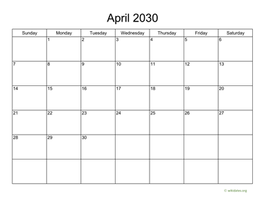 Basic Calendar for April 2030