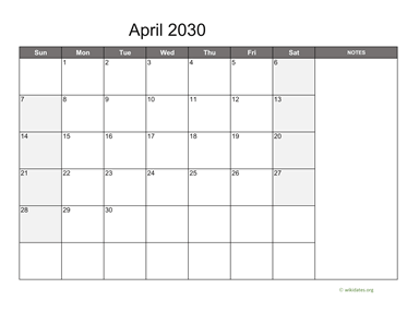 April 2030 Calendar with Notes