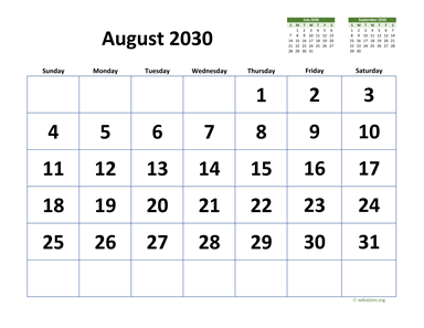 August 2030 Calendar with Extra-large Dates