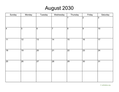 Basic Calendar for August 2030