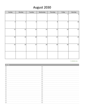 August 2030 Calendar with To-Do List