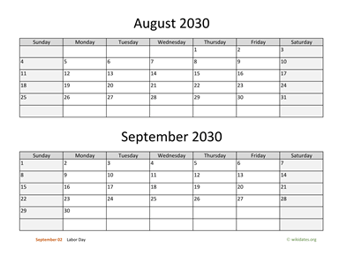 August and September 2030 Calendar Horizontal