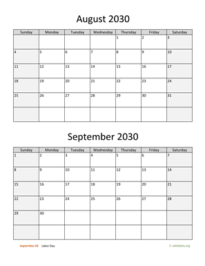 August and September 2030 Calendar Vertical