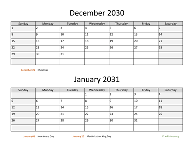 December 2030 and January 2031 Calendar Horizontal