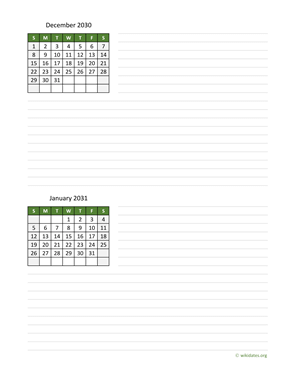 December 2030 and January 2031 Calendar with Notes