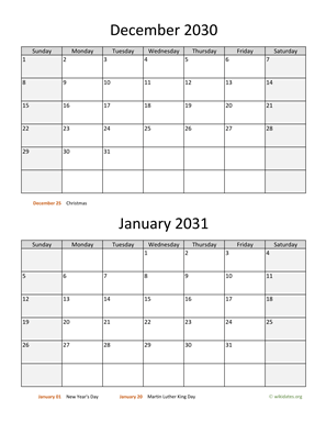 December 2030 and January 2031 Calendar Vertical