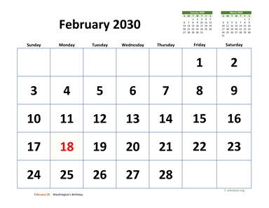 February 2030 Calendar with Extra-large Dates