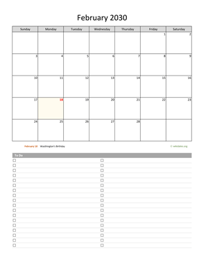 February 2030 Calendar with To-Do List