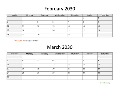 February and March 2030 Calendar Horizontal
