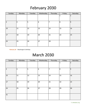 February and March 2030 Calendar Vertical
