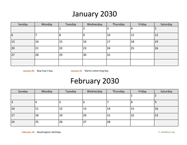 January and February 2030 Calendar Horizontal