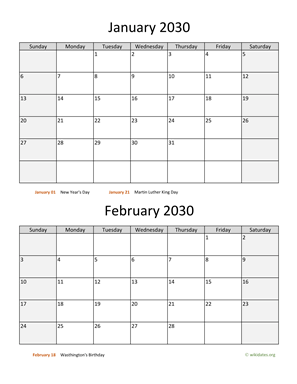 January and February 2030 Calendar Vertical