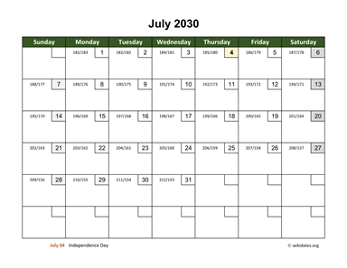July 2030 Calendar with Day Numbers