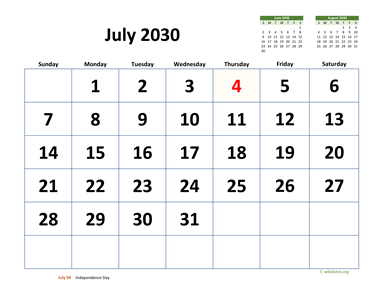 July 2030 Calendar with Extra-large Dates