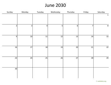 June 2030 Calendar with Bigger boxes