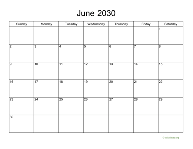 Basic Calendar for June 2030