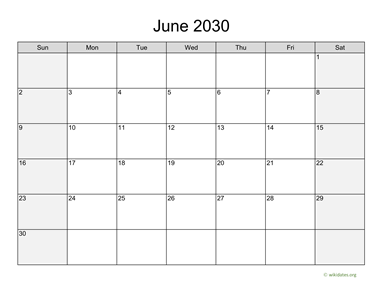 June 2030 Calendar with Weekend Shaded