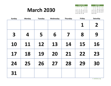 March 2030 Calendar with Extra-large Dates