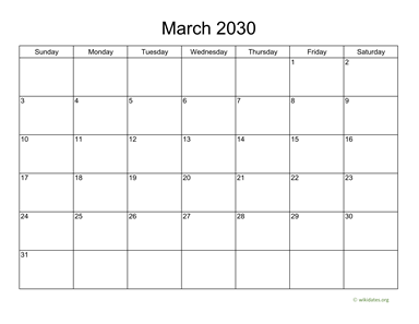 Basic Calendar for March 2030