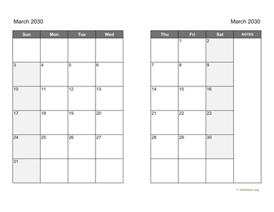 March 2030 Calendar on two pages