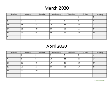 March and April 2030 Calendar Horizontal