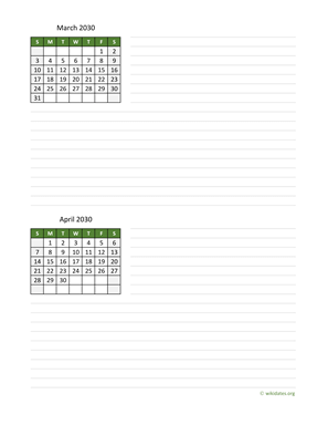March and April 2030 Calendar with Notes