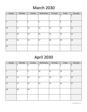 March and April 2030 Calendar Vertical