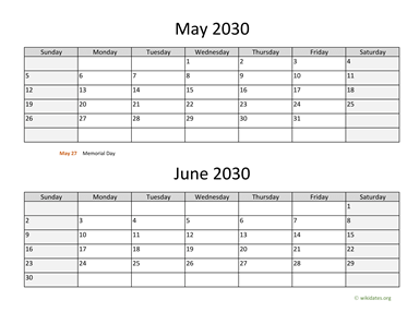 May and June 2030 Calendar Horizontal