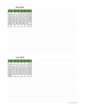 May and June 2030 Calendar with Notes