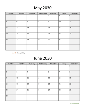 May and June 2030 Calendar Vertical