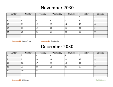 November and December 2030 Calendar Horizontal