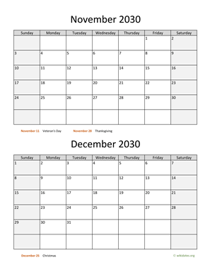 November and December 2030 Calendar Vertical