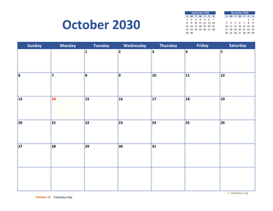 October 2030 Calendar Classic