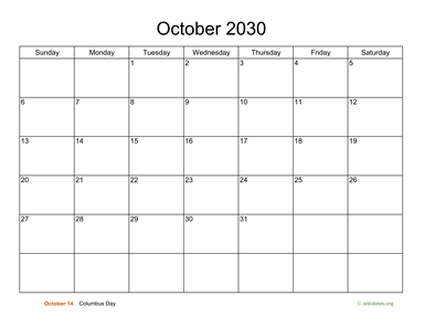 Basic Calendar for October 2030
