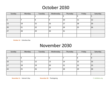 October and November 2030 Calendar Horizontal