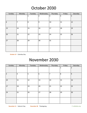 October and November 2030 Calendar Vertical