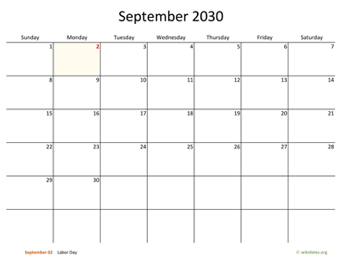September 2030 Calendar with Bigger boxes