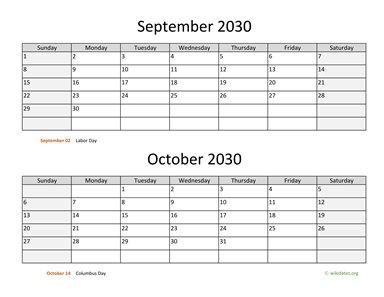 September and October 2030 Calendar Horizontal