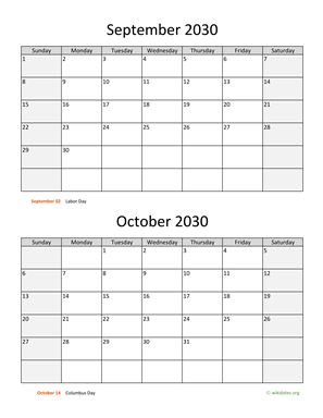 September and October 2030 Calendar Vertical