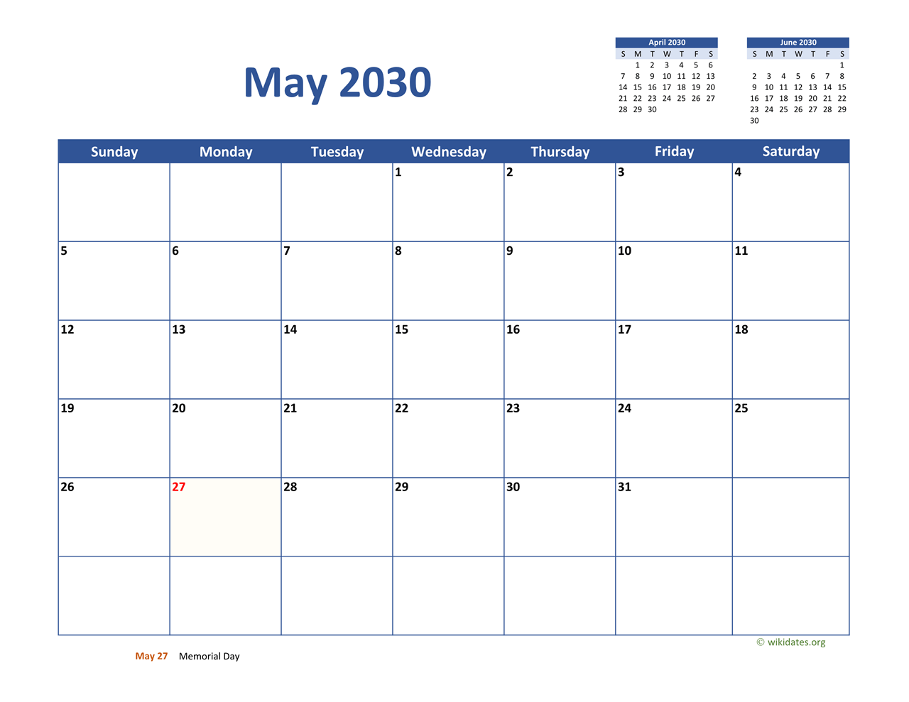 May 2030 Calendar Classic WikiDates