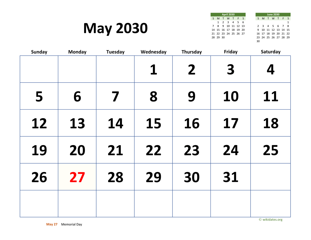 May 2030 Calendar With Extra large Dates WikiDates