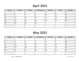 April and May 2031 Calendar