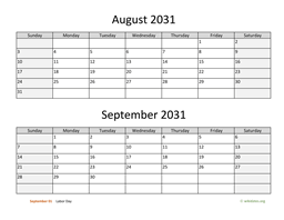August and September 2031 Calendar