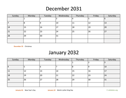 December 2031 and January 2032 Calendar