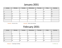 January and February 2031 Calendar