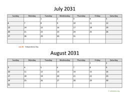 July and August 2031 Calendar
