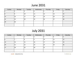 June and July 2031 Calendar