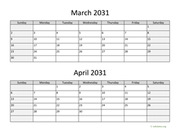 March and April 2031 Calendar