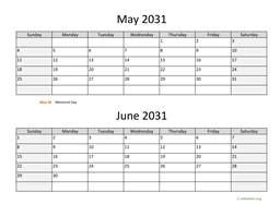 May and June 2031 Calendar